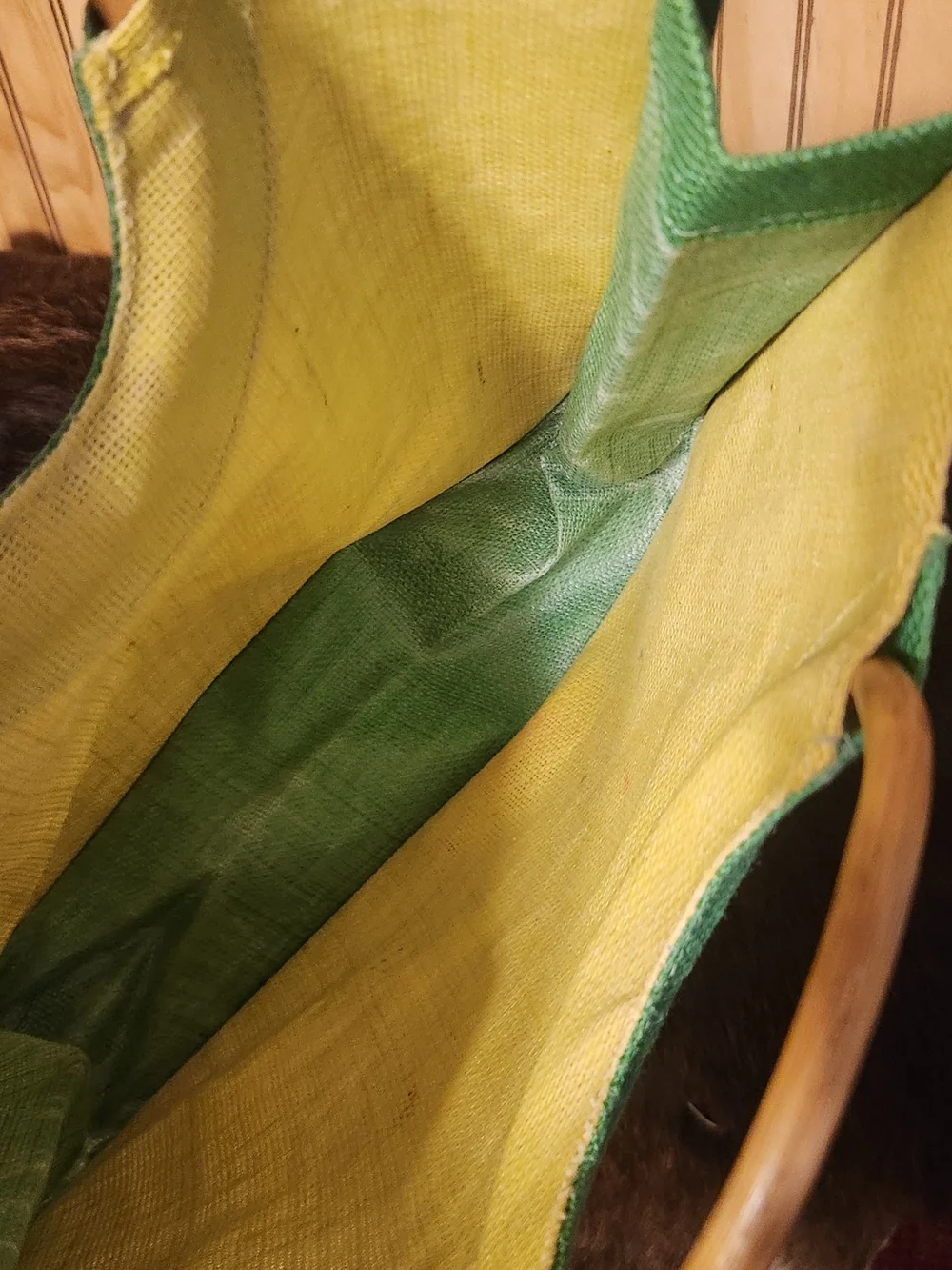 Source Unknown Yellow and Green Straw Tote with Bamboo Handles